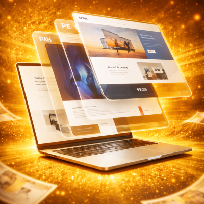 Anúncio digital futurista com laptop e designs
