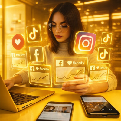 Mulher interagindo com ícones digitais
